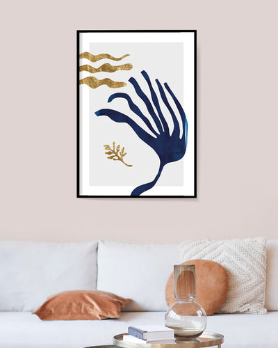 Blue and gold abstract wall art seaweed wall art posters