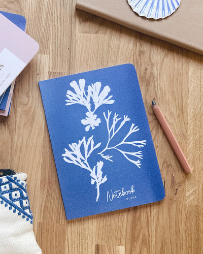 Seaweed Trio Cyanotype Notebook with coastal design, handcrafted in Cornwall, featuring authentic seaweed print and eco-friendly FSC® certified paper