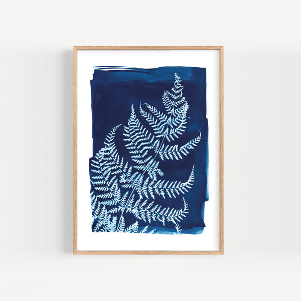 botanical print fern mark I featuring a cyanotype impression of a single fern leaf