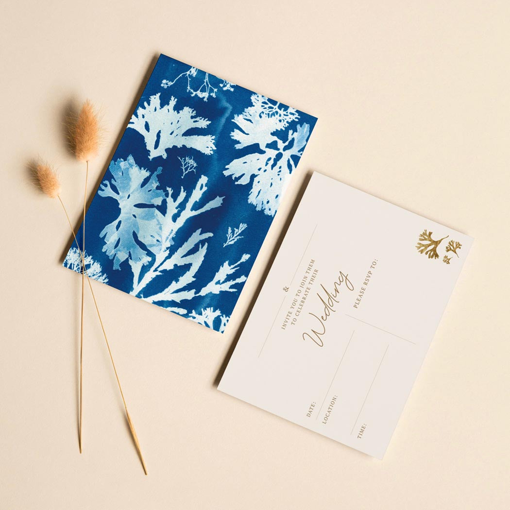 Coastal Wedding Invitations, blue seaweed cyanotype design. Invitations are left blank for you to fill in your details.