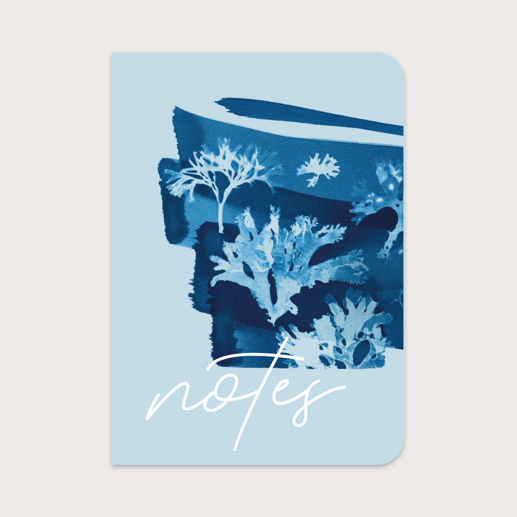 Our Tideline coastal notebook features a cyanotype impression of seaweed on the cover, designed in our Cornwall studio. Notebooks are filled with 60 pages of plain (blank) white paper, perfect for jotting down ideas and sketches.