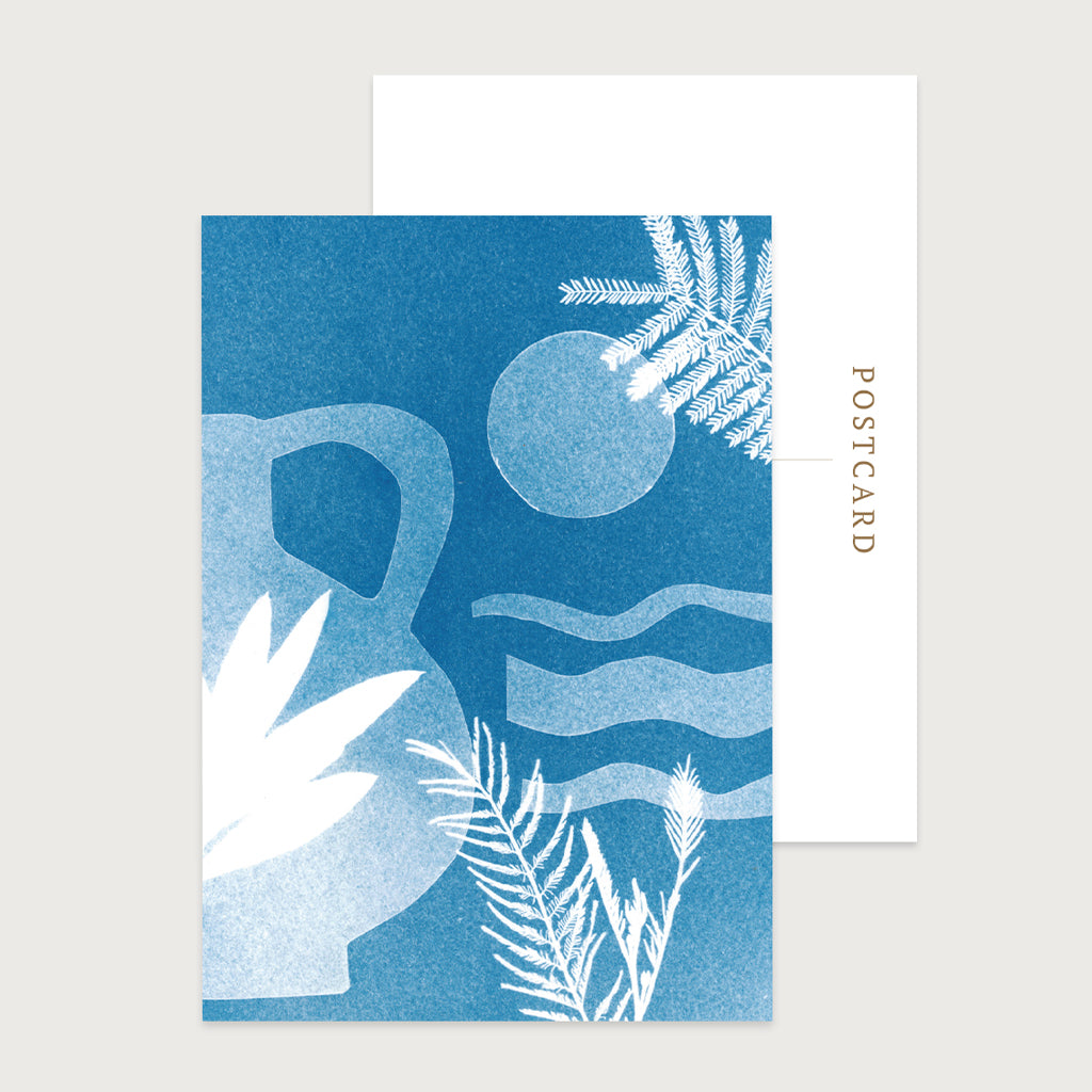 Sunshine and Plants coastal postcard set of 10, featuring layered hand cut elements of waves, plants and a mediterranean style