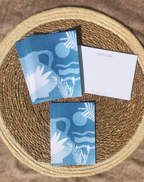 Sunshine and Plants postcard set of 10, featuring layered hand cut elements of waves, plants and a mediterranean style