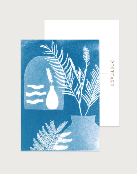 Window To The Sea postcard set of 10, featuring relaxed hand cut waves and a mediterranean style planter. 