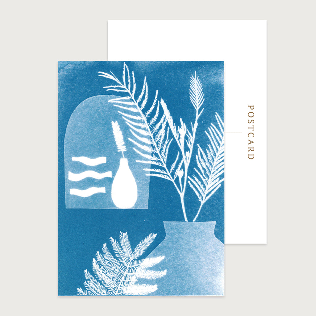 Window To The Sea postcard set of 10, featuring relaxed hand cut waves and a mediterranean style planter.