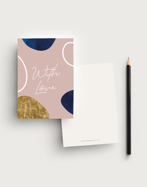 Postcard writing set with a pink coloured background and the words 'With Love' in a handwritten font