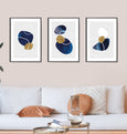 Blue and gold abstract beach pebble wall art print interior wall gallery