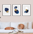 Blue and gold abstract beach pebble wall art print interior wall gallery