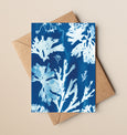 Beach Wedding Invitation, blue and white seaweed design. Invitations are left blank for you to fill in your details.