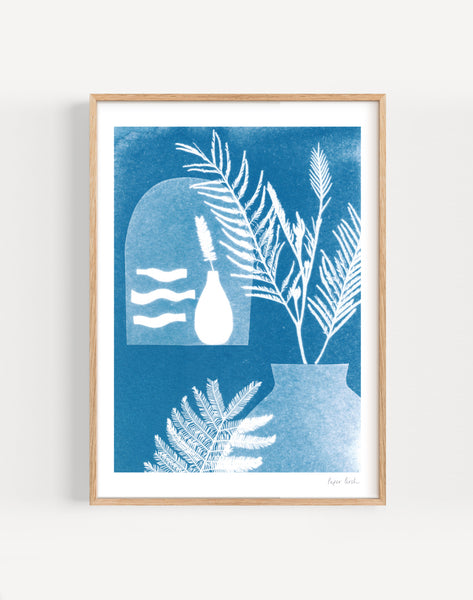 Window to the sea sun-printed art print featuring plants with a mediterranean style planter, by Paper Birch